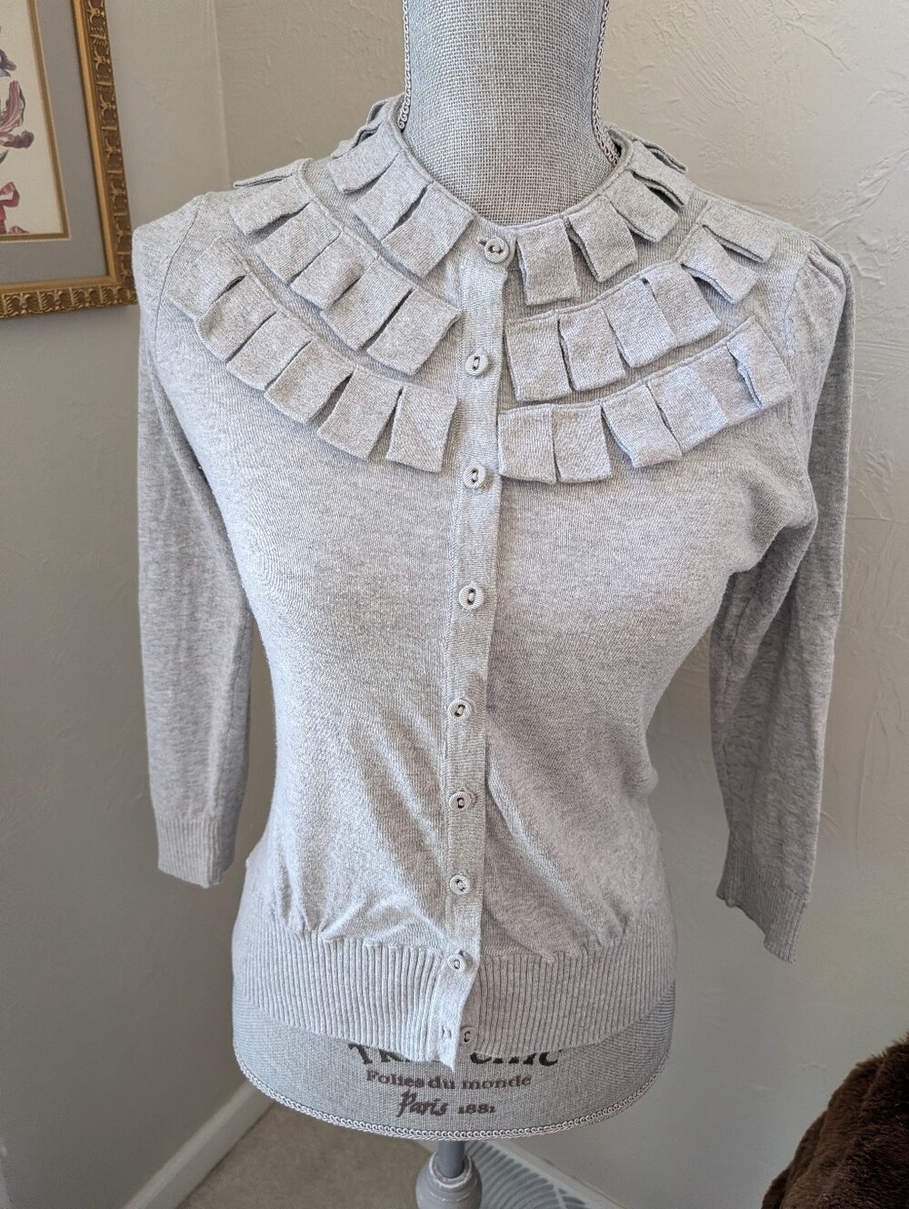 Light Gray Ruffle-Trim Knit Cardigan Sweater